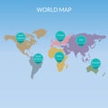 World map with continents and map pointers or markers. Vector illustration